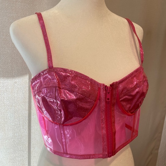 Pink sparkly bralette top with zipper front and clear back - Picture 2 of 7
